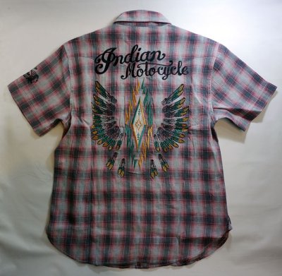 画像1: indian motcycle   フライングチマヨ刺繍 ジャガードチェックシャツ 