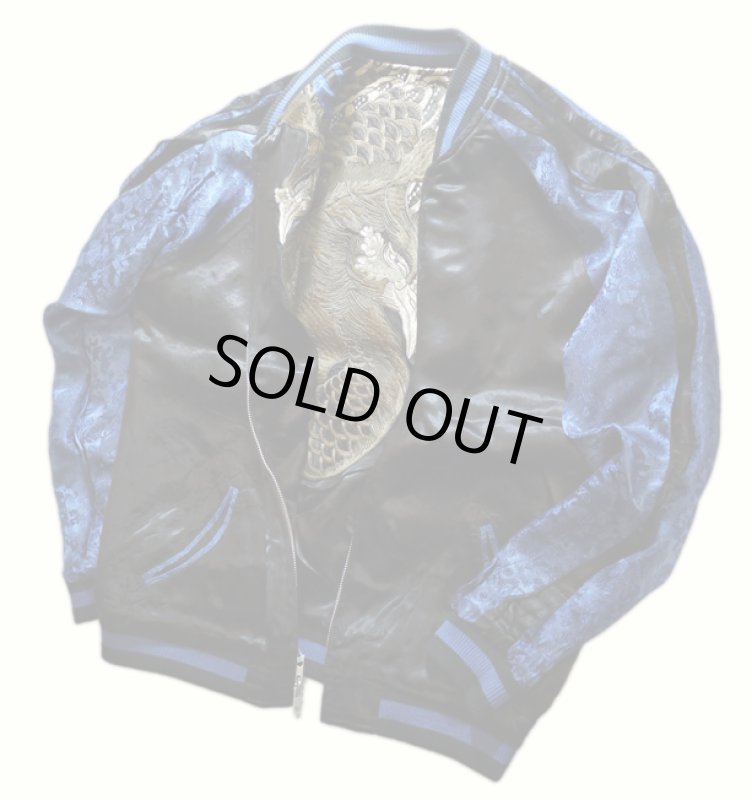 画像7: 花旅楽団 [ 鳳凰 ] 刺繍 リバーシブルスカジャン ブラック／ブルー (7)