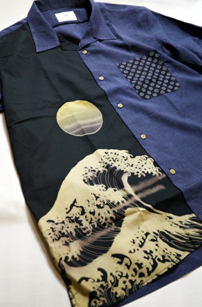 画像1: 喜人 KIJIN  江戸製  月に波 切り替えシャツ    KJ-02404ネイビー