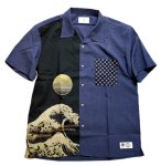 画像1: 喜人 KIJIN  江戸製  月に波 切り替えシャツ    KJ-02404ネイビー (1)