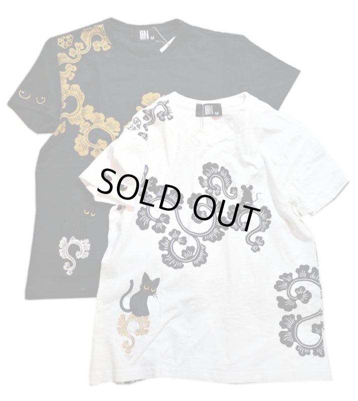 画像1: LIN (リン） 黒猫Lamy &ネズミEarl 唐草かくれんぼ プリント 刺繍 Tシャツ  ATL-75002 (1)