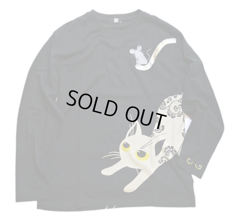 画像1: LIN (リン） [黒猫Lamy &ネズミEarl  ] 長袖Tシャツプリント 刺繍   ALLT-75005 ブラック (1)