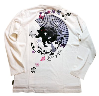 画像1: 今昔 -KON-JAKU-  [ 扇子の花 ]　長袖Ｔシャツ　プリント 刺繍 KJ29077