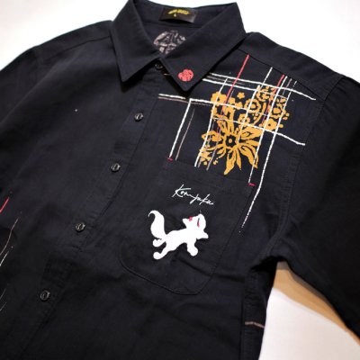 画像2:  今昔 ( KON-JAKU ) 絣の狐  ガーゼ 半袖シャツ プリント 刺繍 KJ-29074 ブラック