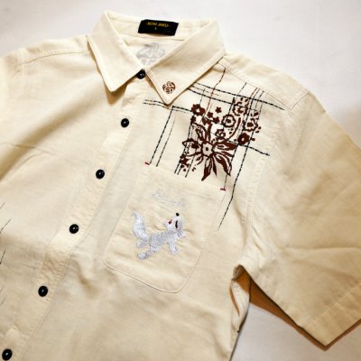 画像2:  今昔 ( KON-JAKU ) 絣の狐  ガーゼ 半袖シャツ プリント 刺繍 KJ-29074 オフホワイト