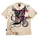 画像1:  今昔 ( KON-JAKU ) 狐と蝶のグラフィックアート  ガーゼ 半袖シャツ プリント 刺繍 KJ-29071 オフホワイト (1)