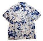 画像1:  衣桜  「 百虎 」麻 アロハシャツ   インディゴ抜染プリント SA-1457 (日本製）  (1)