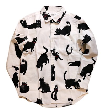 画像1: 黒猫  手書き風プリント  長袖シャツ  日本製