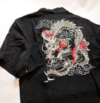 画像3:  花旅楽団 [ 龍 ] 刺繍  桜ジャガード 半袖シャツ  SS-003 ブラック (3)
