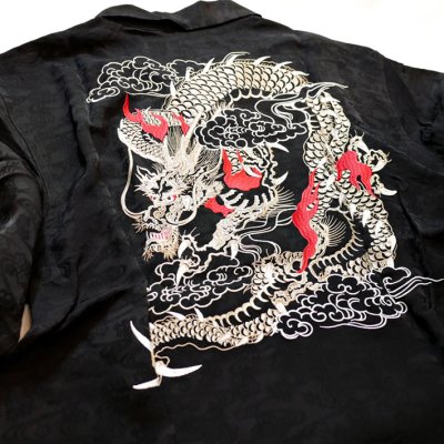 画像1:  花旅楽団 [ 龍 ] 刺繍  桜ジャガード 半袖シャツ  SS-003 ブラック