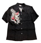 画像2:  花旅楽団 [ 龍 ] 刺繍  桜ジャガード 半袖シャツ  SS-003 ブラック (2)