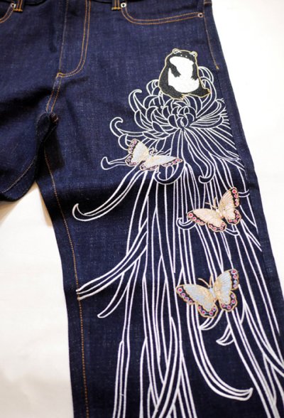 画像2: 参丸一    [ 菊と蝶 ]　刺繍 デニムパンツ SM-30816 インディゴブルー