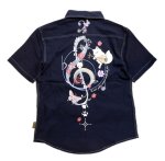 画像1:  今昔 ( KON-JAKU ) [ 草花の音楽演奏者 ]  ガーゼ 半袖シャツ  刺繍 KJ-29134 ネイビー (1)