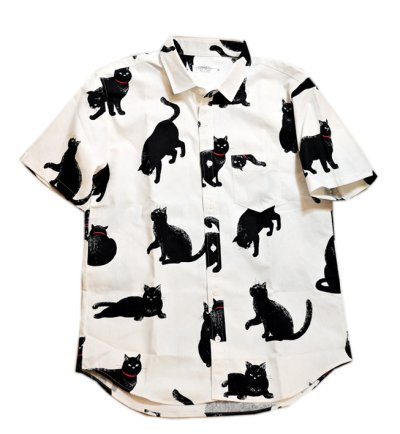 画像2: [ 黒猫 ]  手書き風プリント  半袖袖シャツ  日本製 79416 ナチュラル