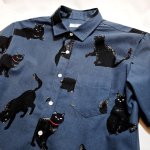 画像2: [ 黒猫 ]  手書き風プリント  半袖袖シャツ  日本製 79416 ブルー (2)