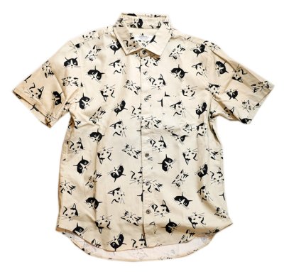 画像1: [ 猫顔]  プリント  半袖袖シャツ  日本製 70541 ブラウン