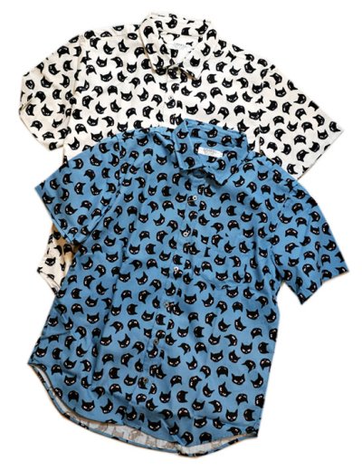 画像1: [黒猫顔]  プリント  半袖袖シャツ  日本製 70540 ブルー