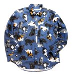 画像1: 再入荷 いろんな猫柄 プリント  長袖シャツ  日本製  70160  ブルー (1)