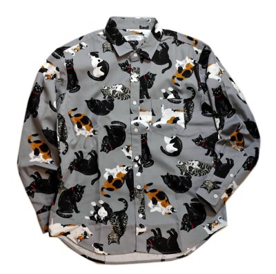 画像1:  いろんな猫柄 プリント  長袖シャツ  日本製  70160  アイボリー