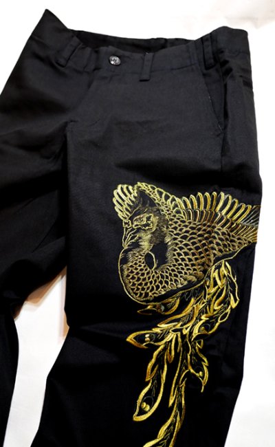 画像1: 再入荷 花旅楽団  [ 鳳凰 ] 刺繍 チノパンツ  SP-203 ブラック