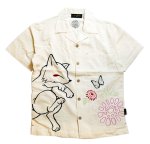 画像1:  今昔 ( KON-JAKU ) [ 菊と狐 ]  ガーゼ 半袖シャツ  刺繍 KJ-28004 オフホワイト (1)