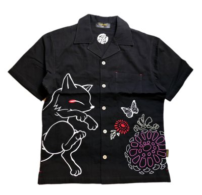 画像2:  今昔 ( KON-JAKU ) [ 菊と狐 ]  ガーゼ 半袖シャツ  刺繍 KJ-28004 オフホワイト