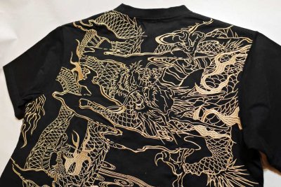 画像1: 絡繰魂   龍彫り 刺繍   Tシャツ 242124 ブラック