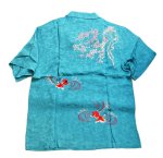 画像1:  花旅楽団 [ 桜と金魚 ] 刺繍  桜ジャガード 半袖シャツ  SS-002 ブルー (1)