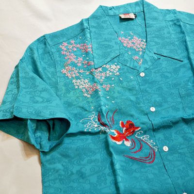 画像1:  花旅楽団 [ 桜と金魚 ] 刺繍  桜ジャガード 半袖シャツ  SS-002 ブルー