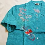 画像4:  花旅楽団 [ 桜と金魚 ] 刺繍  桜ジャガード 半袖シャツ  SS-002 ブルー (4)