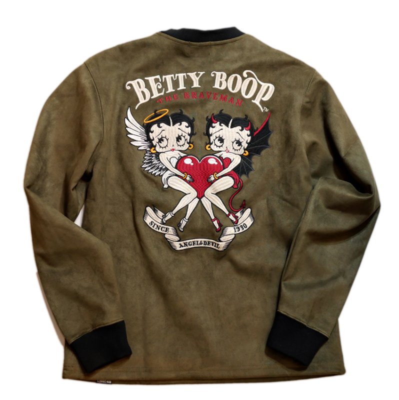 画像1: THE BRAVEMAN / BETTY BOOP コラボ  起毛プレーティング(フェイクスウェード）ロンT  刺繍 ワッペン BBB-2447  オリーブ (1)