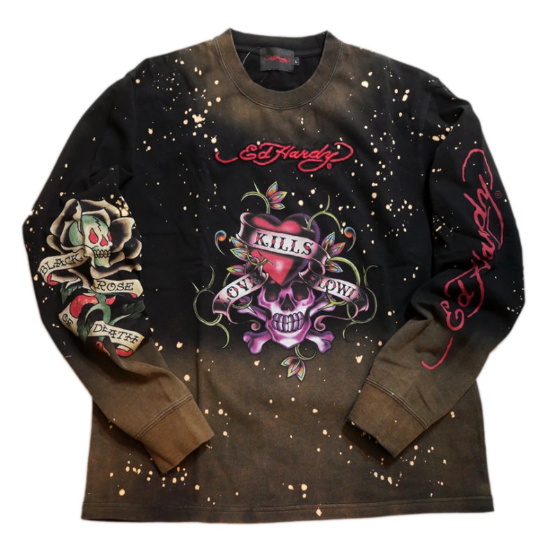 画像1: ED HARDY ブリーチ加工 刺繍 長袖Tシャツ EDH-2402 (1)