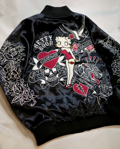 画像2: BETTY BOOP / Ed Hardy  コラボ  リバーシブルスカジャン  総刺繍  BED-2401 ブラック/ ブラック×ワイン