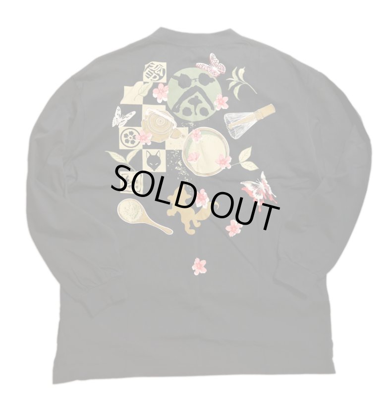 画像1: 今昔 -KON-JAKU-  [ 午後のひととき抹茶の時間 ]　ビックシルエット Vネック長袖Ｔシャツ   プリント 刺繍 KJ29180 ブラック (1)
