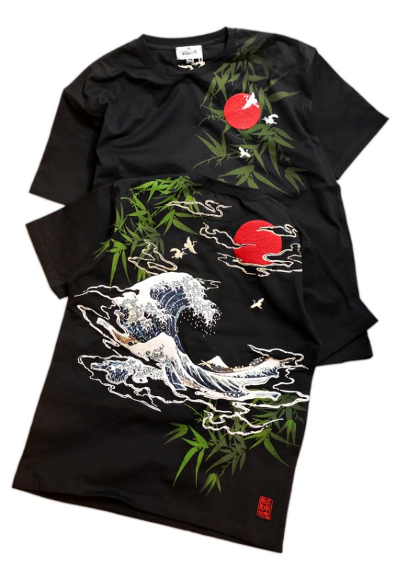 画像1: 絡繰魂   [ 浮世絵 荒波 ]  刺繍   Tシャツ 252020 (1)