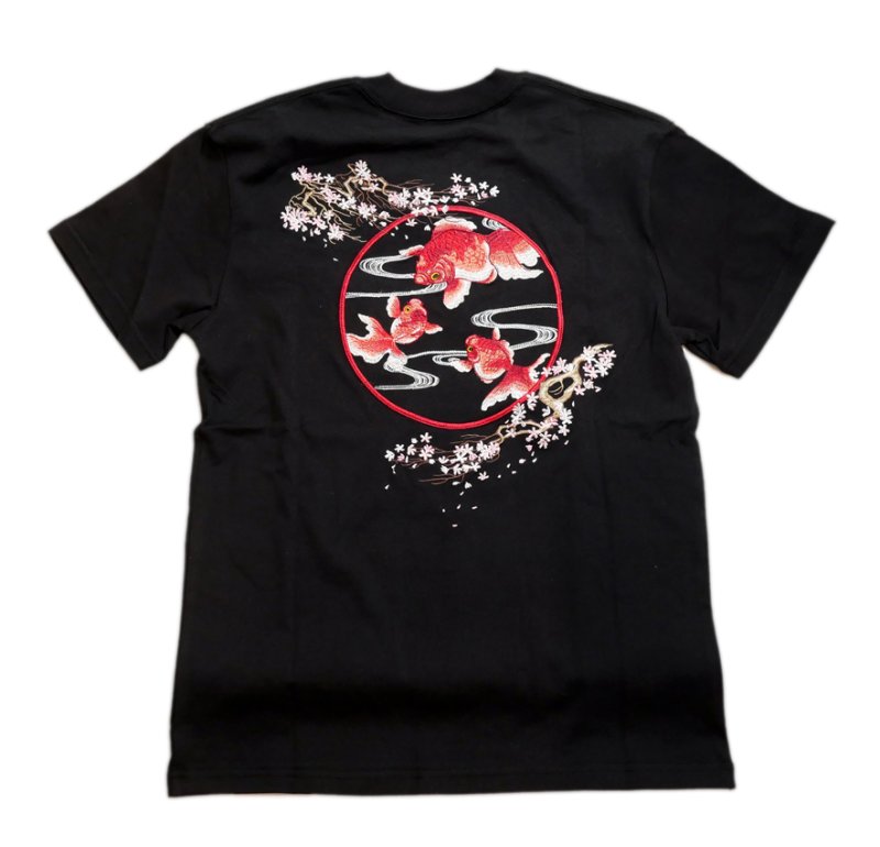 画像1: 花旅楽団  [ 桜金魚 ] 総刺繍  スカTシャツ  ST-505 ブラック (1)