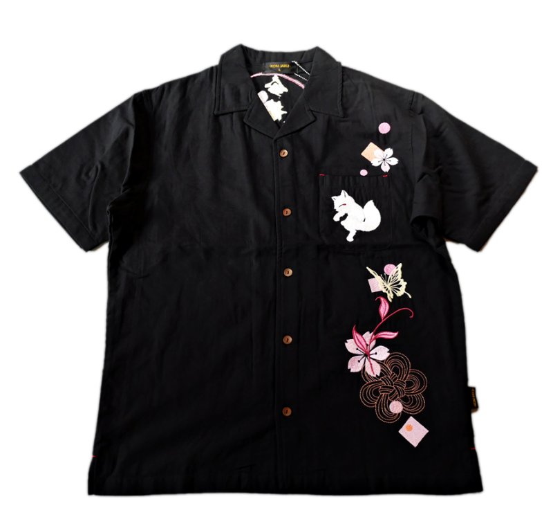 画像1:  今昔 ( KON-JAKU ) [ 桜花爛漫 ]  ガーゼ 半袖シャツ  刺繍 KJ-29265 ブラック (1)
