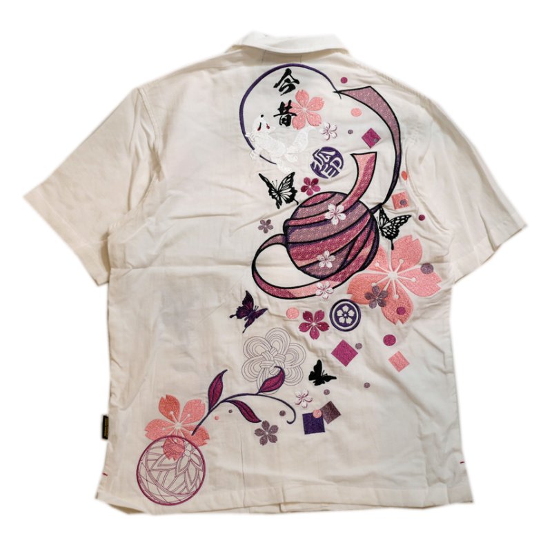 画像1:  今昔 ( KON-JAKU ) [ 桜花爛漫 ]  ガーゼ 半袖シャツ  刺繍 KJ-29265 ホワイト (1)