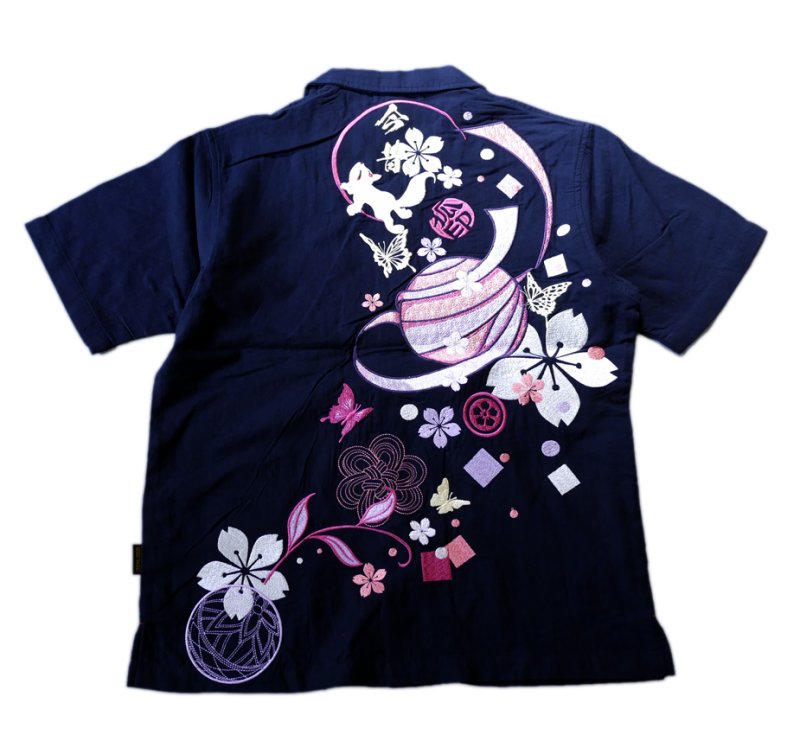 画像1:  今昔 ( KON-JAKU ) [ 桜花爛漫 ]  ガーゼ 半袖シャツ  刺繍 KJ-29265 ネイビー (1)