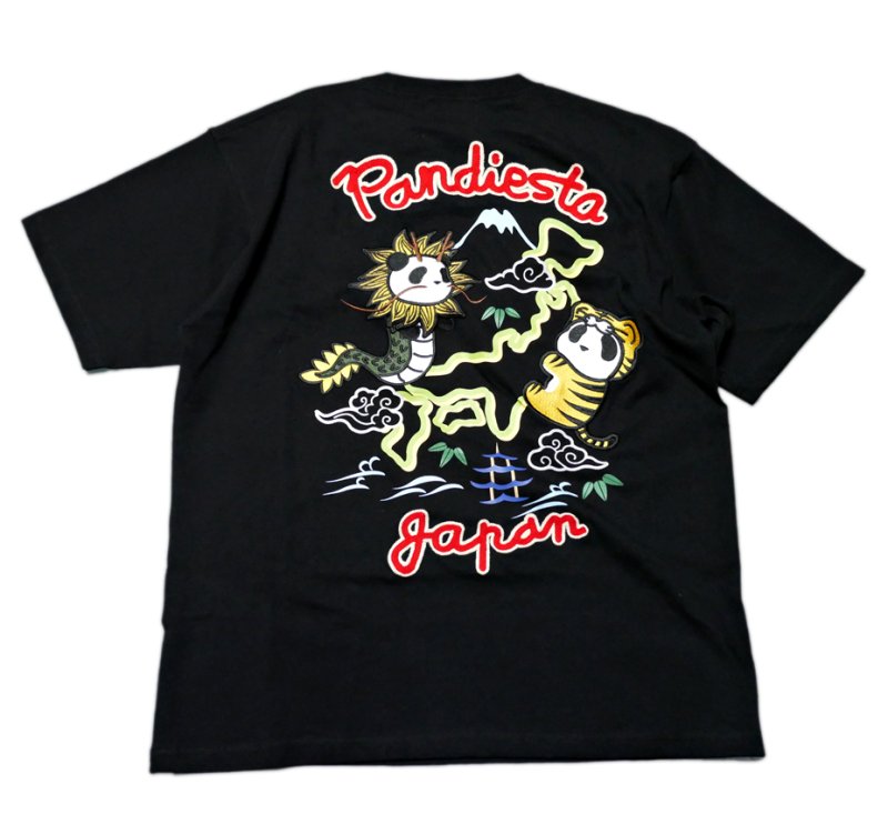 画像1: PANDIESTA JAPAN (パンディエスタ） なりきり龍虎パンダ 刺繍 スーベニアTシャツ 585560 ブラック (1)