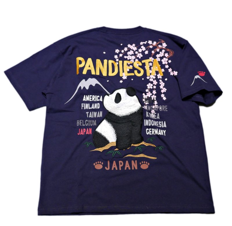 画像1: PANDIESTA JAPAN (パンディエスタ） お花見パンダ 刺繍 スーベニアTシャツ 585561 ネイビー (1)