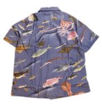 画像2:  HOUSTON (ヒューストン） ALOHA SHIRT [ 伊藤若冲 魚尽くし ]コットンレーヨン MADE IN JAPAN  41170 ブルー （日本製） (2)