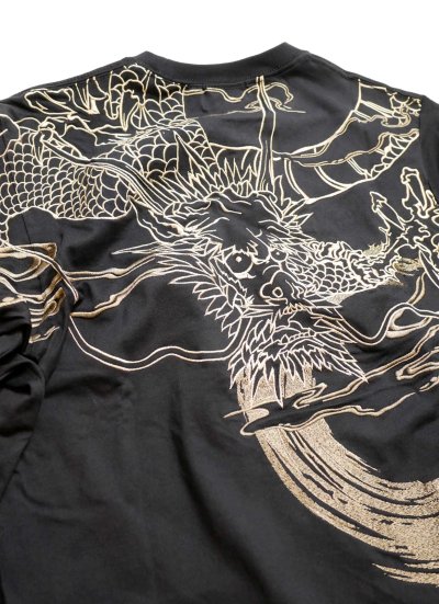 画像1: 絡繰魂   [ 龍 ]  刺繍  長袖Tシャツ 253075 ブラック