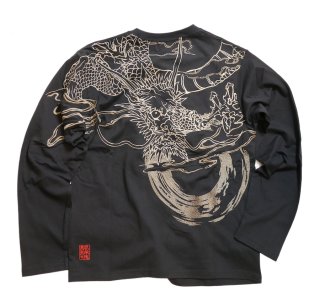 絡繰魂 般若 龍 刺繍 長袖カットソー 黒 絡繰魂
