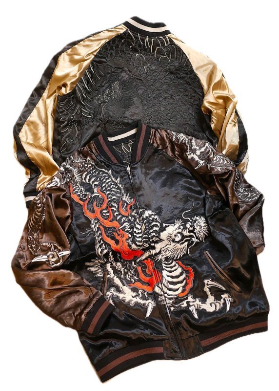 画像1: Japanesque （ジャパネスク） 炎龍／黒鳳凰  リバーシブル刺繍スカジャン  JSKJ-517  ブラック×チャコール / ブラック×ベージュ (1)