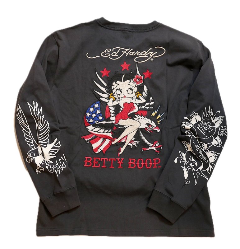 画像1:  Bettyboop / Ed Hardy コラボ   長袖Tシャツ プリント 刺繍    BED-2508 スミ黒 (1)
