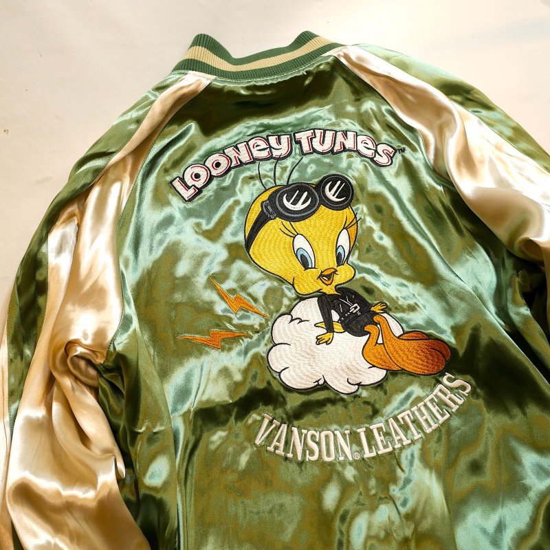 画像6: vanson (バンソン)／ルーニーチューンズ コラボ  刺繍 レーヨンサテン リバーシブル刺繍 スカジャン  LTV-2511 ブラック／グリーン×ベージュ (6)