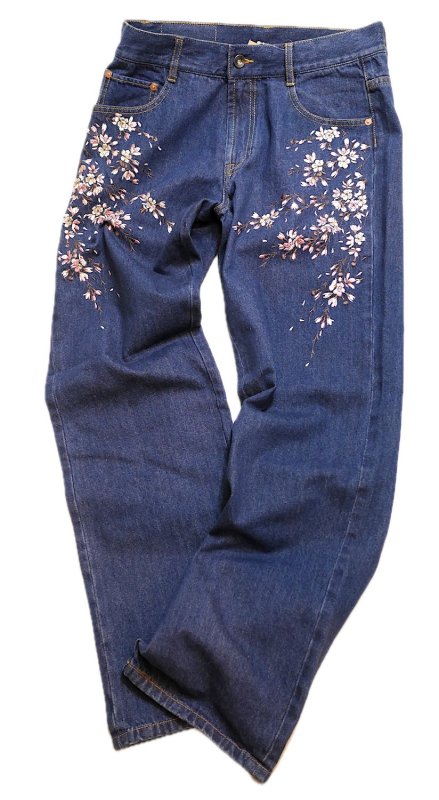 画像1:  花旅楽団  [ 桜 ] 刺繍 デニムパンツ  SP-001  インディゴブルー (1)