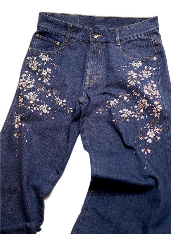 画像3:  花旅楽団  [ 桜 ] 刺繍 デニムパンツ  SP-001  インディゴブルー (3)