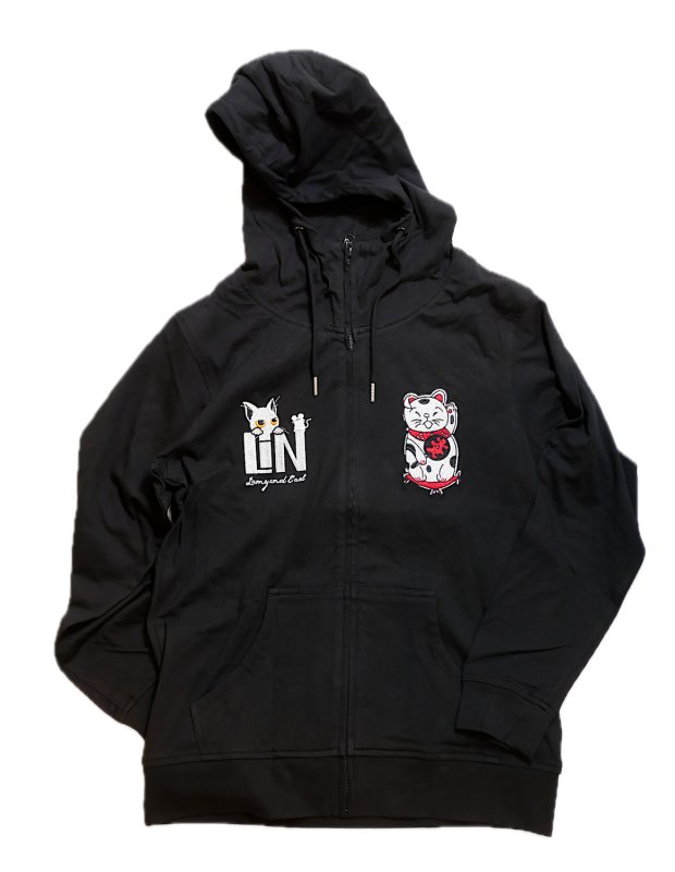 画像2: LIN (リン） Lamy and Earl  [ 招き猫 ] 薄地 総刺繍パーカー AL-75807 ブラック (2)